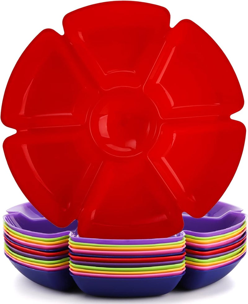 AVLA 12 Pcs Plastic Snack Serving Tray, 12 Inch Unbreakable Chip and Dip Divided Serving Plates, Round 7 Compartments Multifunctional Food Platter for Snack, Nuts, Candy, Dried Fruit, Veggies - Image 1