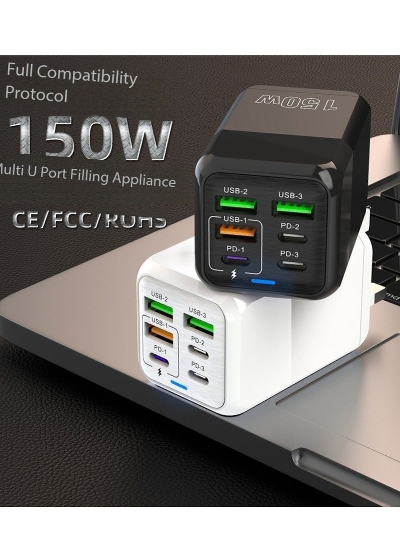 Generic 150W Type C Charger,Super Fast GaN Wall Charger with 3 PD USB C 3 QC USB A Laptop Charger, UK Plug Adaptor for MacBook Air Samsung iPhone iPad Galaxy Huawei Xiaomi and More  - Image 1