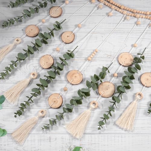 GIAUMA Artificial Hanging Eucalyptus Wall Decor Fake Greenery Leaves Wall Hanging Plants on Long Wooden Beads Garland Wall Art Large Boho Rustic Farmhouse Decor for Bathroom Bedroom Living Room Sage Green - Image 3