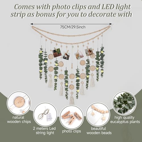 GIAUMA Artificial Hanging Eucalyptus Wall Decor Fake Greenery Leaves Wall Hanging Plants on Long Wooden Beads Garland Wall Art Large Boho Rustic Farmhouse Decor for Bathroom Bedroom Living Room Sage Green - Image 2