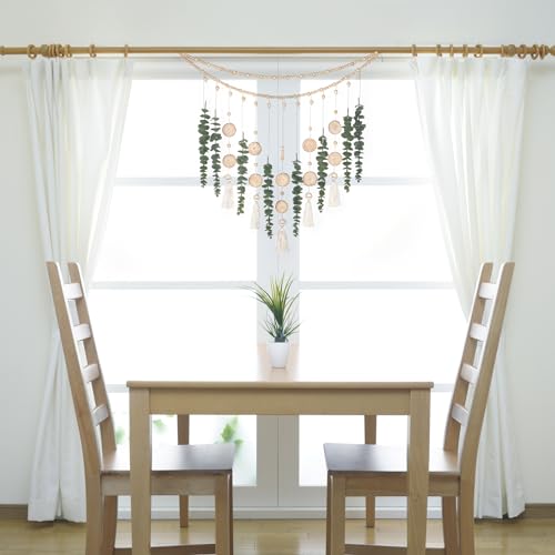 GIAUMA Artificial Hanging Eucalyptus Wall Decor Fake Greenery Leaves Wall Hanging Plants on Long Wooden Beads Garland Wall Art Large Boho Rustic Farmhouse Decor for Bathroom Bedroom Living Room Sage Green - Image 4