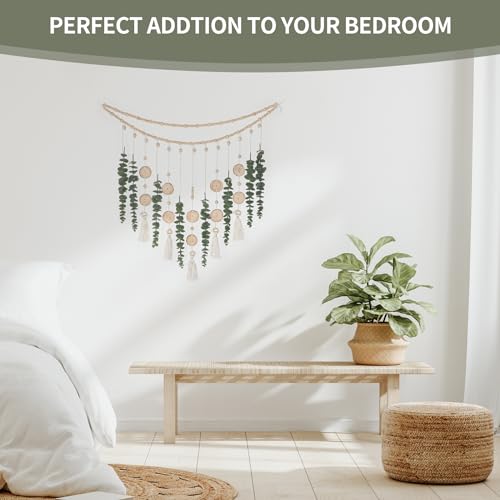 GIAUMA Artificial Hanging Eucalyptus Wall Decor Fake Greenery Leaves Wall Hanging Plants on Long Wooden Beads Garland Wall Art Large Boho Rustic Farmhouse Decor for Bathroom Bedroom Living Room Sage Green - Image 5