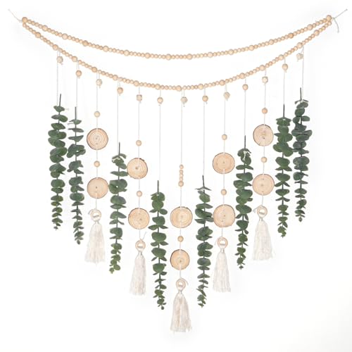 GIAUMA Artificial Hanging Eucalyptus Wall Decor Fake Greenery Leaves Wall Hanging Plants on Long Wooden Beads Garland Wall Art Large Boho Rustic Farmhouse Decor for Bathroom Bedroom Living Room Sage Green - Image 1
