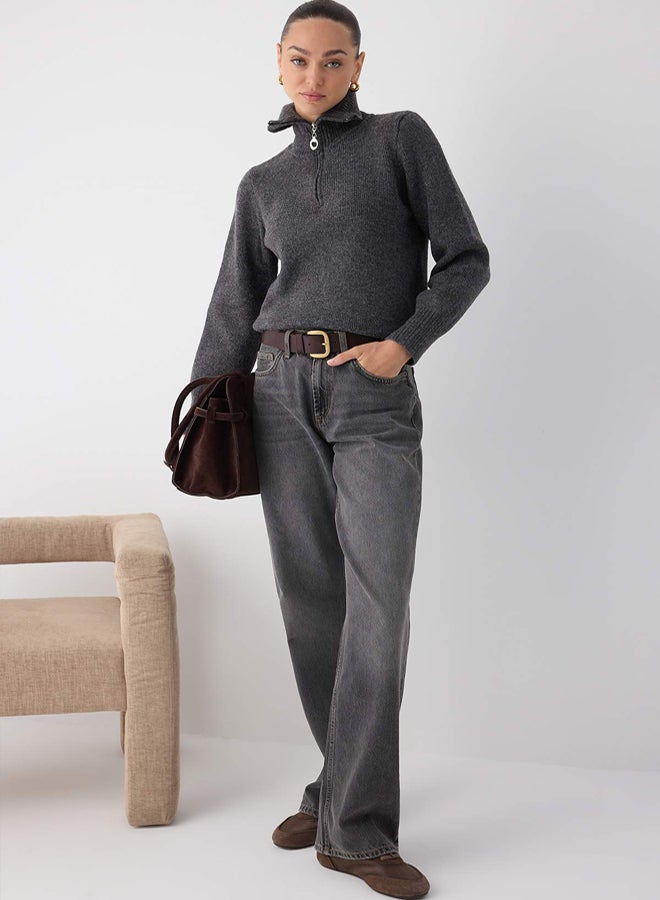 trendyol Wardrobe Essentials Anthracite Wool Premium Yarn Zippered Basic Knitwear Sweater | - Image 2