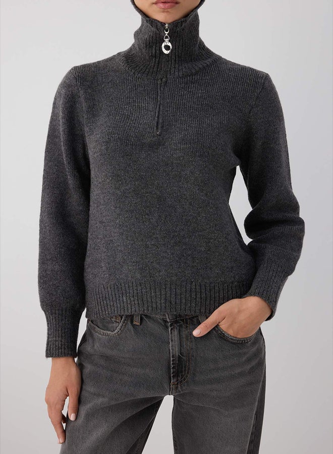 trendyol Wardrobe Essentials Anthracite Wool Premium Yarn Zippered Basic Knitwear Sweater | - Image 3