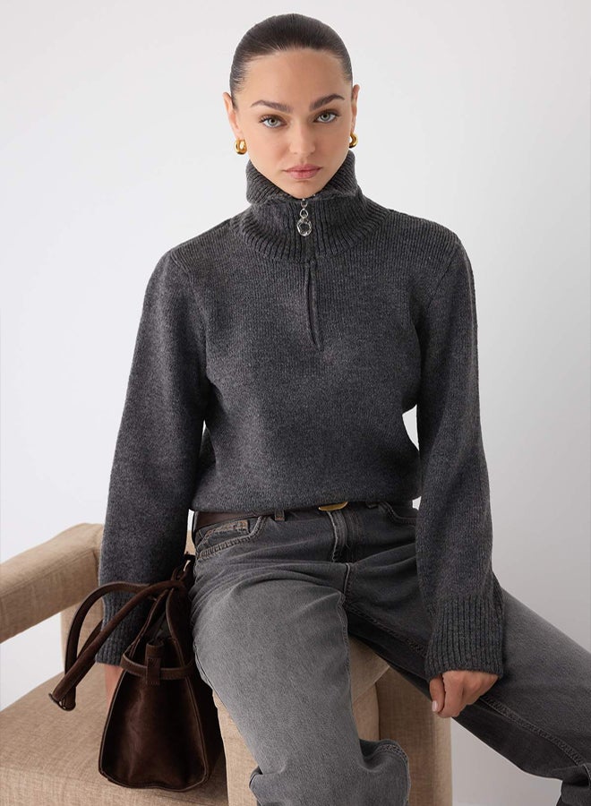 trendyol Wardrobe Essentials Anthracite Wool Premium Yarn Zippered Basic Knitwear Sweater | - Image 1