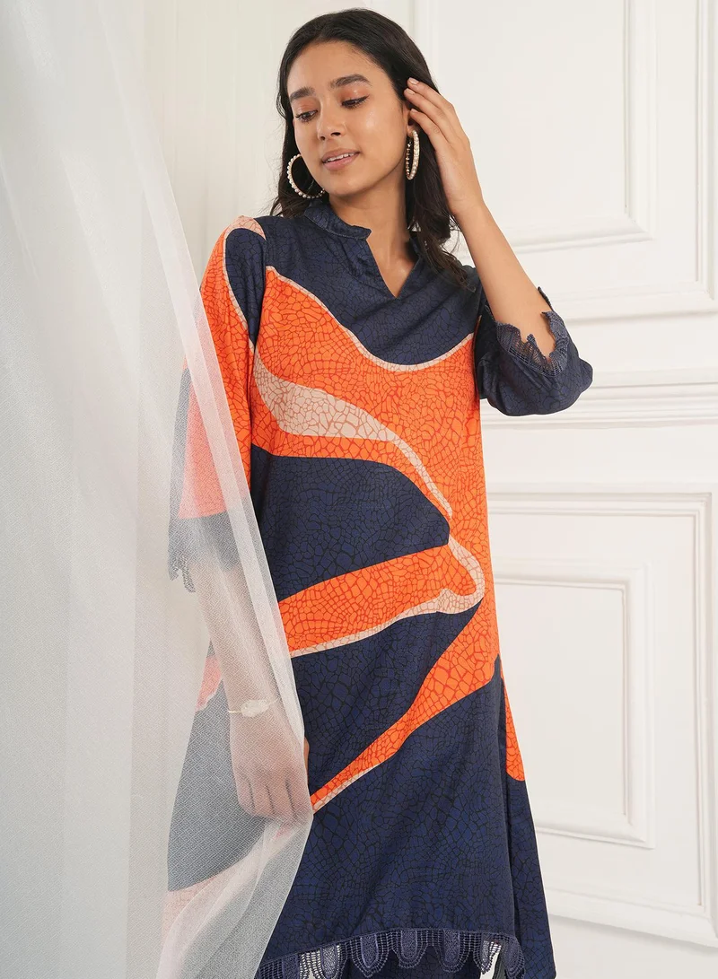QISSA Women's Navy Blue & Tangerine Ornage Flowing Petalia Kurta Set