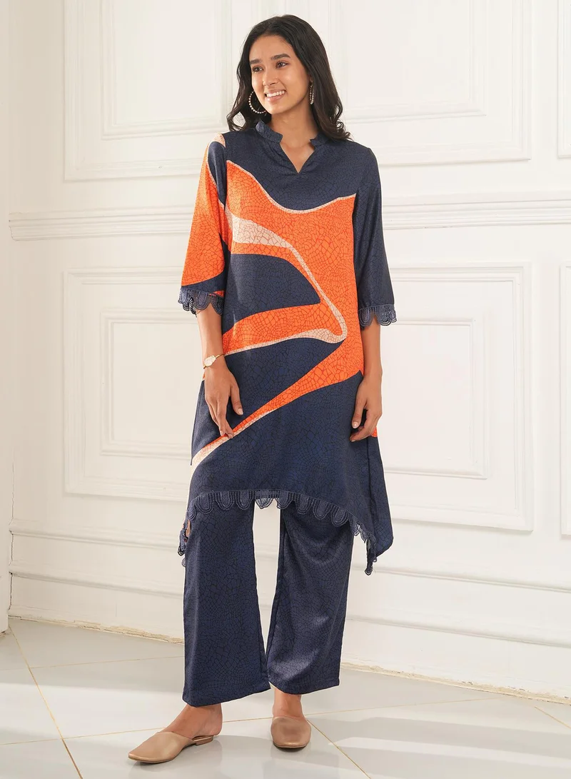 QISSA Women's Navy Blue & Tangerine Ornage Flowing Petalia Kurta Set