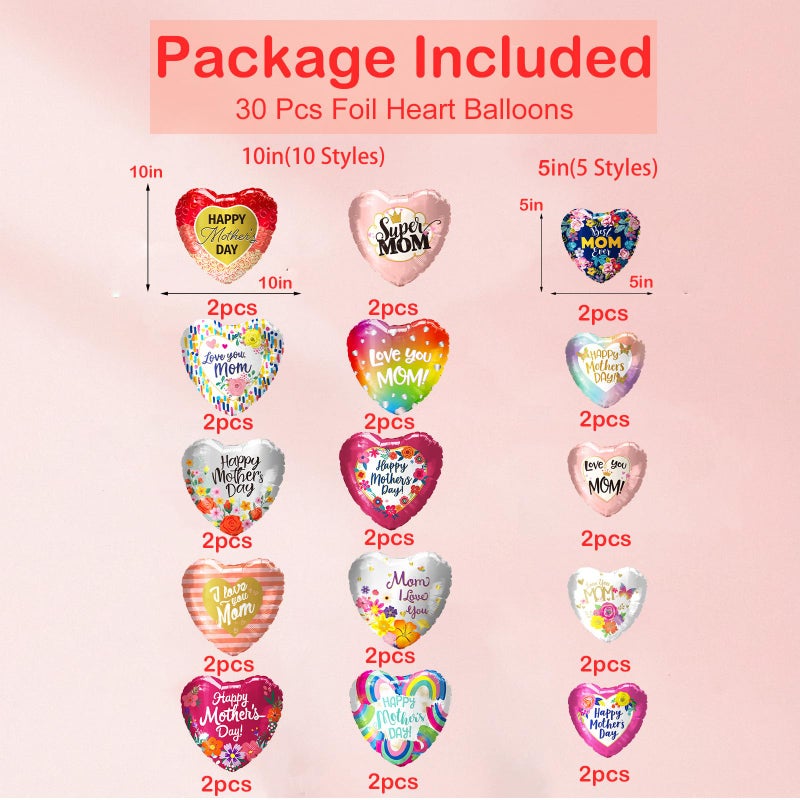 Seilvda 30Pcs Happy Mother's Day Balloons - 20Pcs 10'' and 10 Pcs 5'' Aluminum Foil Balloons Heart for Mother's Day Grandmother Birthday Party Decorations - Image 2