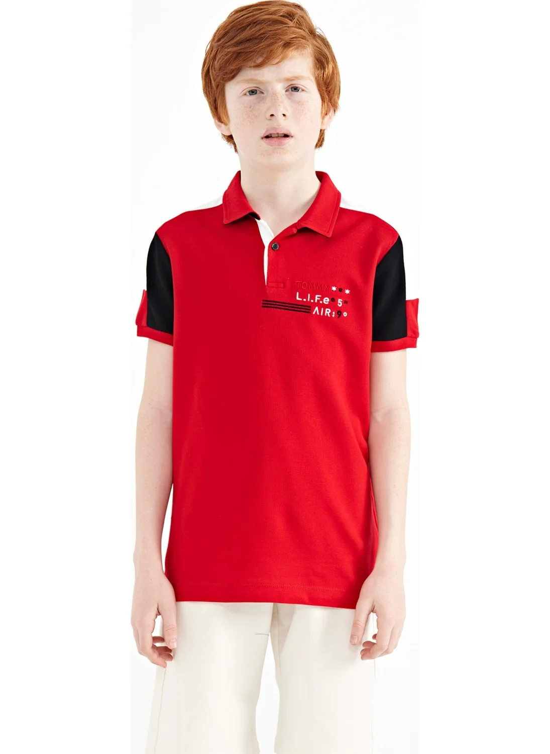 تومي لايف Red Color Block Shoulder Garni Detailed Standard Size Boy T-Shirt - 11155