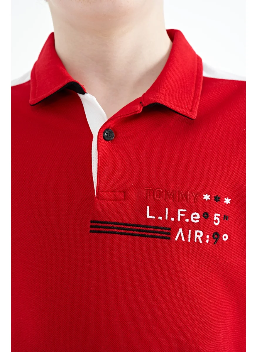 تومي لايف Red Color Block Shoulder Garni Detailed Standard Size Boy T-Shirt - 11155