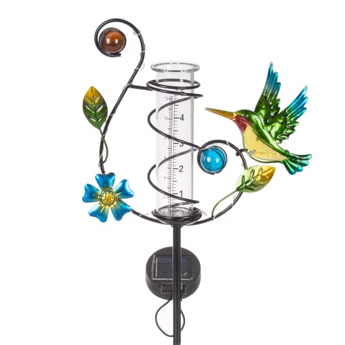 HOBYLUBY 35'' Hummingbird Rain Gauge Outdoor - Solar Rain Gauges with LED Light for Yards, Lawns, Pathway, Patio (Colorful) - Image 1