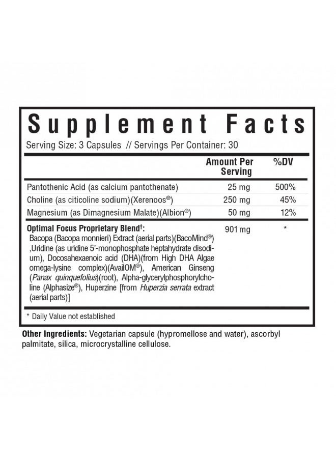 Seeking Health Optimal Focus, Stimulant-Free and Caffeine-Free Nootropic Support for Memory and Focus, with Choline, DHA from Algae, American Ginseng, Vegan and Vegetarian (90 Capsules)