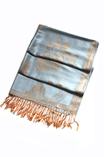 Sakkas Two Tone Floral Rose Reversible Pashmina Scarf Shawl Wrap Stole for Women - Powder Blue/Beige - Image 3