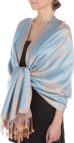 Sakkas Two Tone Floral Rose Reversible Pashmina Scarf Shawl Wrap Stole for Women - Powder Blue/Beige - Image 1