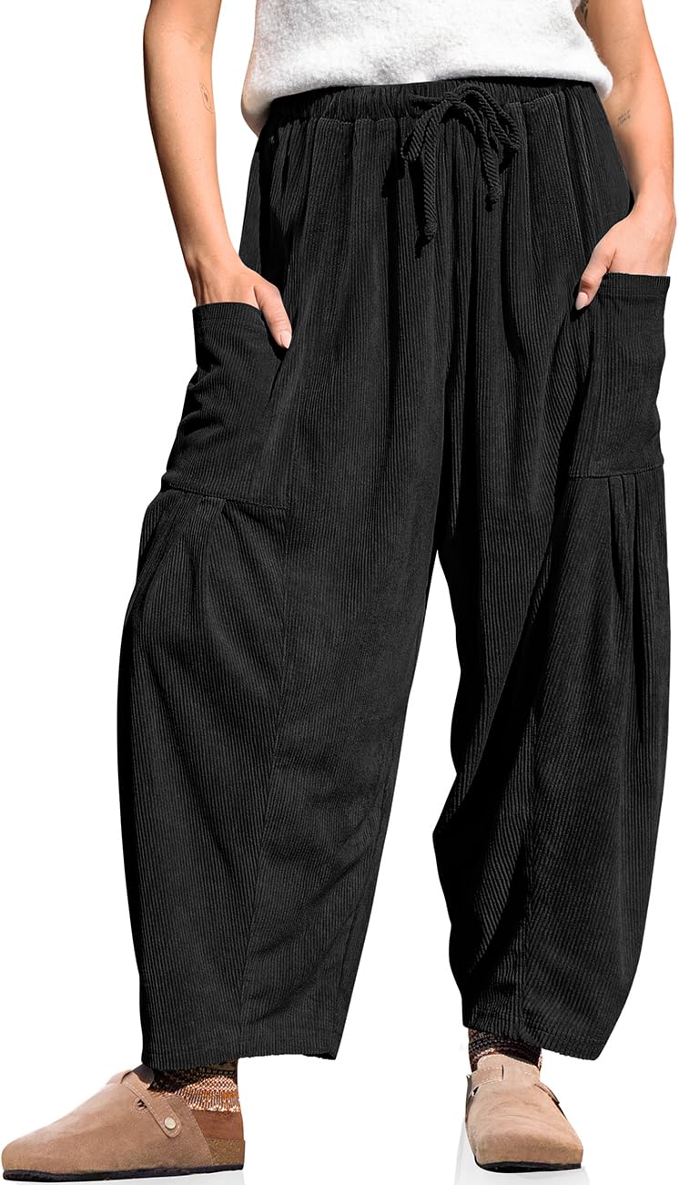 TARSE Women's Corduroy Pants Elastic Waist Drawstring Harem Wide Leg Loose Fit Barrel Lounge Pants with Pockets, Black, L - Image 1