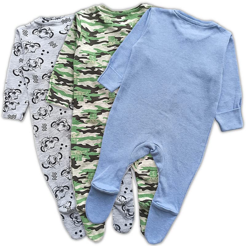 TuddyBuddy 100% Organic Cotton Multi Color Sleepsuits/Footed Romper for Baby Boy & Baby Girl (Pack of 3 Sleepsuits - Camouflage, Grey AOP & Sky Blue, 3-6 Months) - Image 3