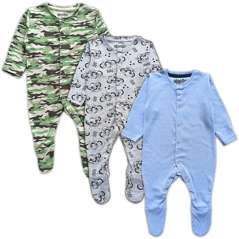TuddyBuddy 100% Organic Cotton Multi Color Sleepsuits/Footed Romper for Baby Boy & Baby Girl (Pack of 3 Sleepsuits - Camouflage, Grey AOP & Sky Blue, 3-6 Months) - Image 1