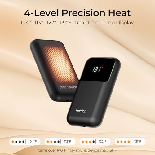 Hotdot Hand Warmers Rechargeable 2 Pack, 4 Heat Levels (104–131°F), Real-Time Temp & Battery Display, Electric Hand Warmers, Fast Heating, Fits in Gloves/Pocket, Gifts for Women & Men - Image 4