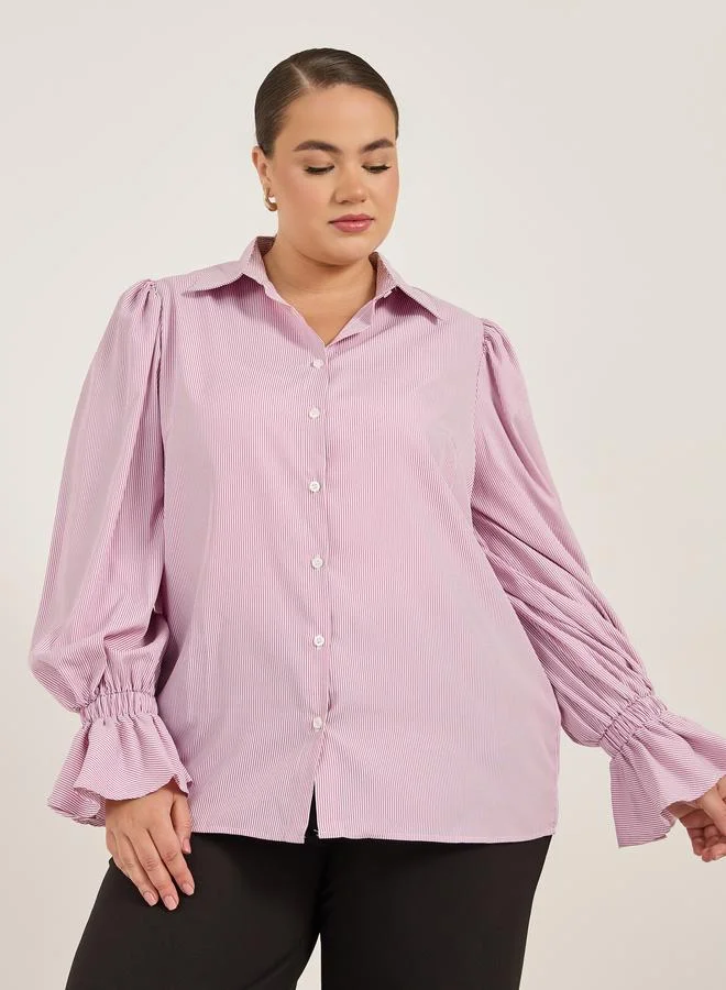 Styli Styli Plus Size Striped Shirt with Flared Elasticated Balloon Sleeves