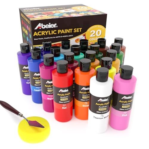 ABEIER Acrylic Paint, 20 Colors (250 ml/8.45oz) Acrylic Paint Bottle Set, Non-Toxic, Rich Pigments Bulk Painting Supplies for Canvas Crafts Wood Ceramic, Ideal for Artists, Beginners and Students - Image 1