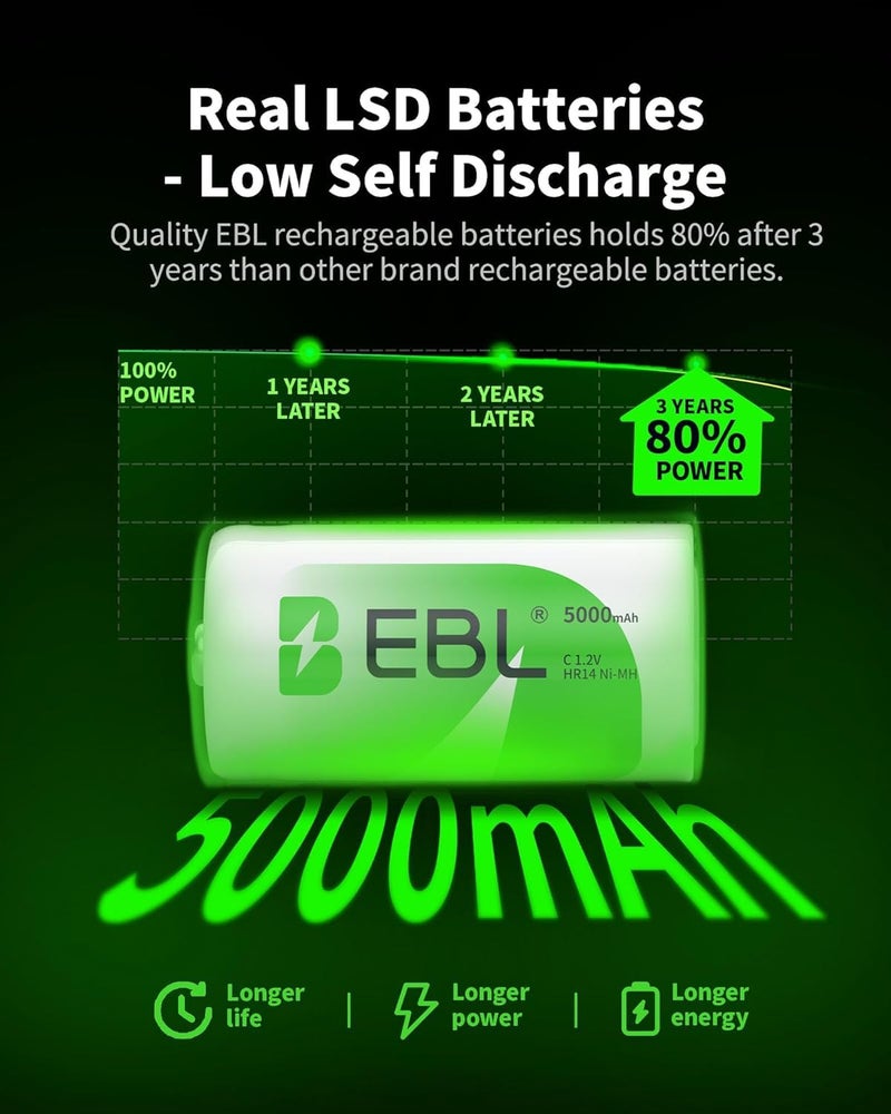 EBL Rechargeable C Batteries 5000mAh Ready2Charge C Size Battery with Storage Box, Pack of 6 - Image 2