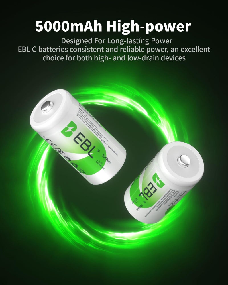 EBL Rechargeable C Batteries 5000mAh Ready2Charge C Size Battery with Storage Box, Pack of 6 - Image 3