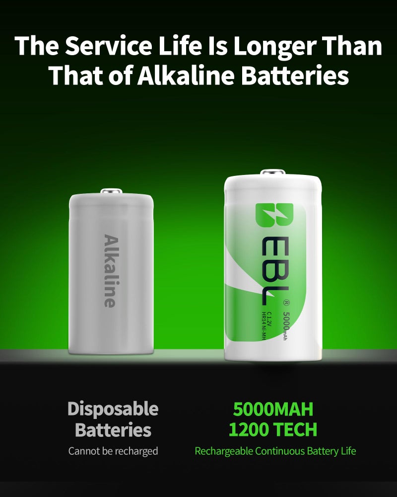 EBL Rechargeable C Batteries 5000mAh Ready2Charge C Size Battery with Storage Box, Pack of 6 - Image 4