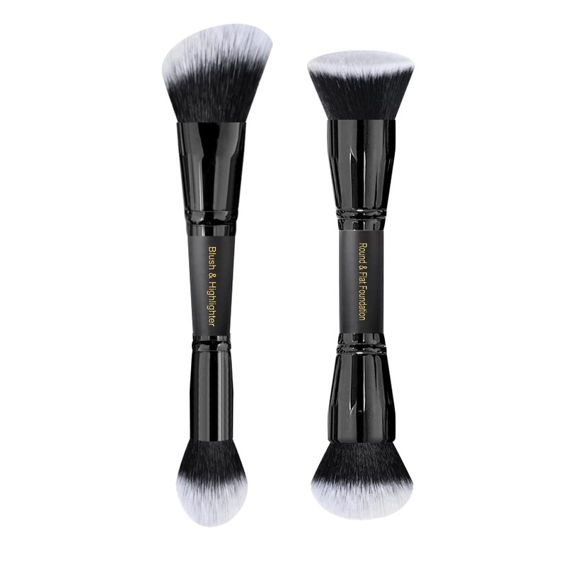 LORYP Black Makeup Brushes 2Pcs Duo End Foundation Powder Brush Set, Blush & Highlighter Brush and Round & Flat Foundation Brush - Image 1