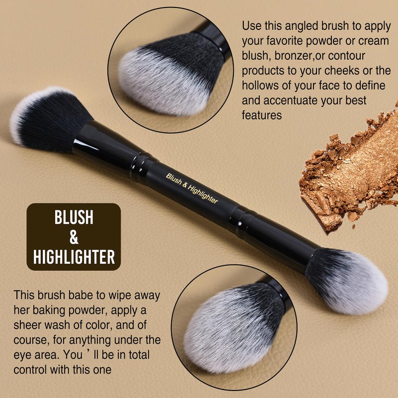 LORYP Black Makeup Brushes 2Pcs Duo End Foundation Powder Brush Set, Blush & Highlighter Brush and Round & Flat Foundation Brush - Image 5