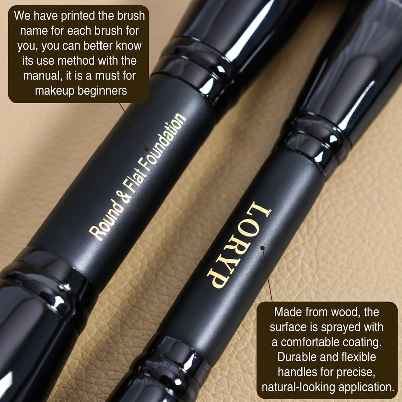 LORYP Black Makeup Brushes 2Pcs Duo End Foundation Powder Brush Set, Blush & Highlighter Brush and Round & Flat Foundation Brush - Image 2