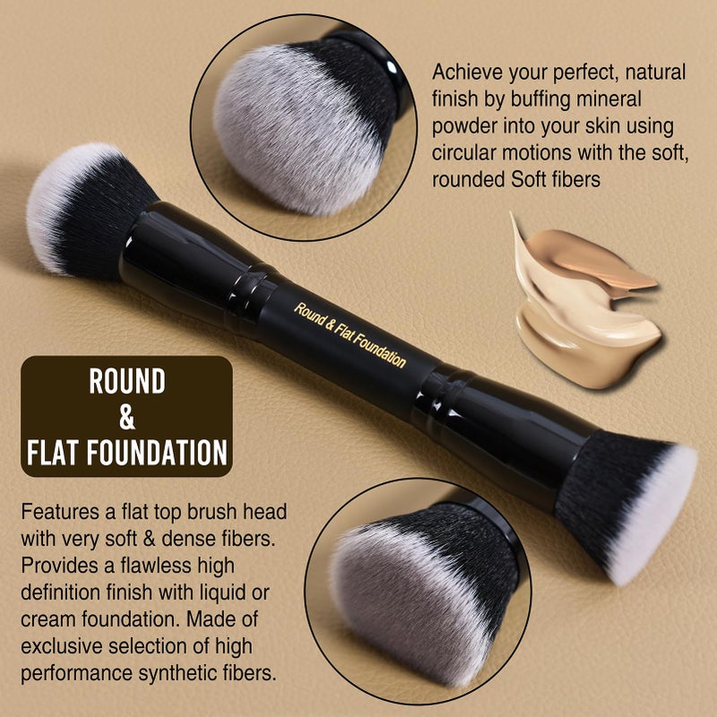 LORYP Black Makeup Brushes 2Pcs Duo End Foundation Powder Brush Set, Blush & Highlighter Brush and Round & Flat Foundation Brush - Image 4