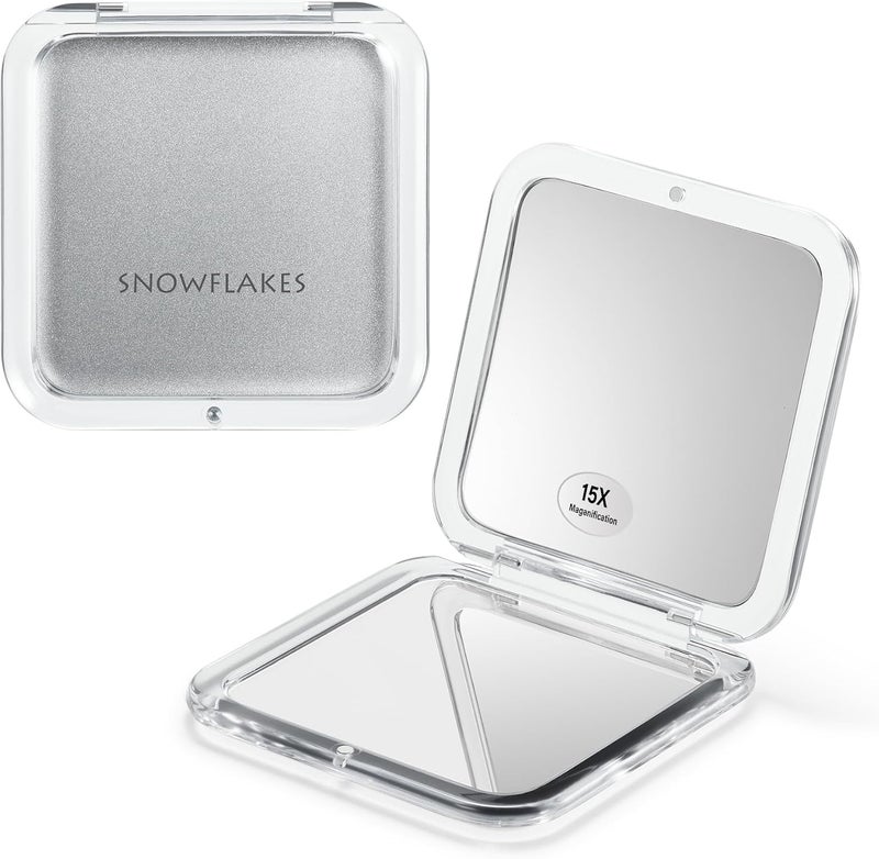 Compact Travel Magnifying Mirror - Snowflakes Small Pocket Mirror -1x/15x Magnification Cosmetic Mirrors Handheld Portable for Travel and Purses (Silver)