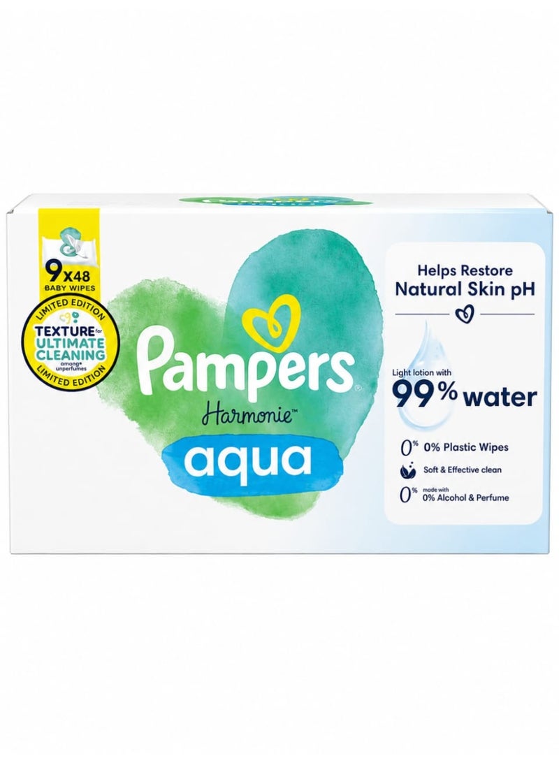 Pampers Harmonie Aqua Wet Wipes 9 Packs of 48 Wet Wipes - Image 1