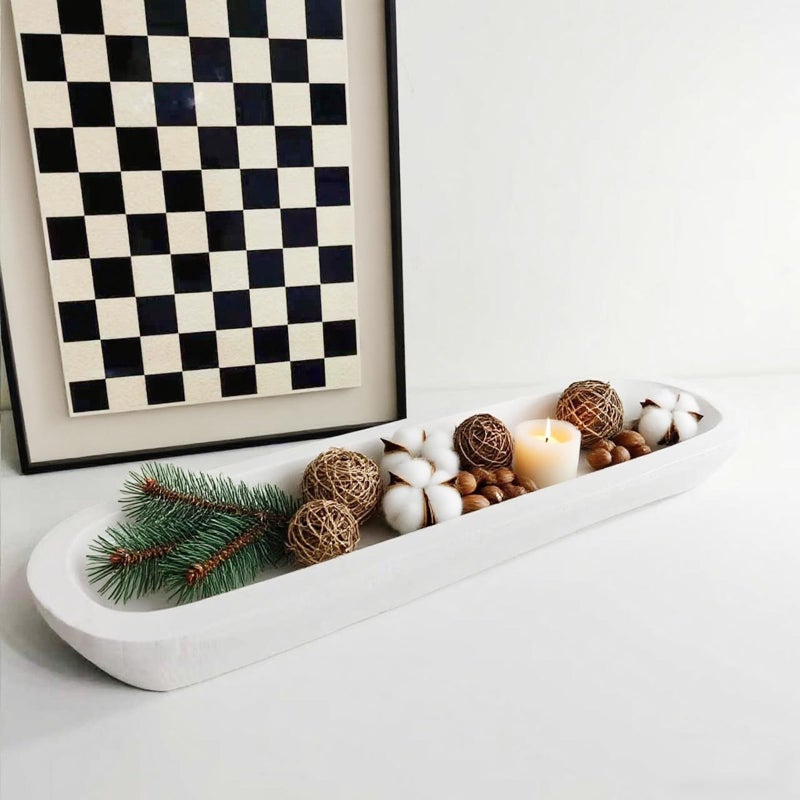 Wooden Dough Bowl Decor Vintage Wooden Bowl Hand Carved Home Decor for Dining Table Center Living Room Kitchen Decor 20in white