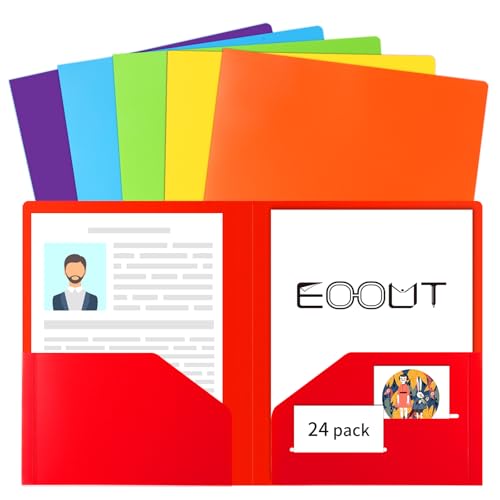 EOOUT 24pcs Folders with Pockets, Plastic Pocket Folders, 2 Pocket Folders with 2 Business Card Holder, 6 Colors, Letter Size, A4 Size, for Office, Teaching, Students and School - Image 1