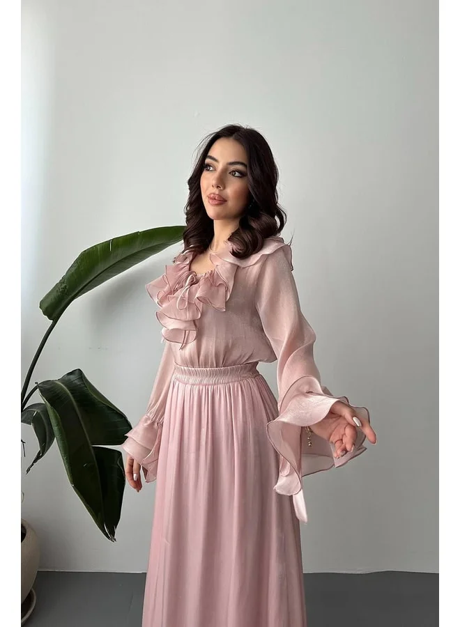 END BLACK Powder Ruffled Blouse with Elastic Skirt Set L Powder.
