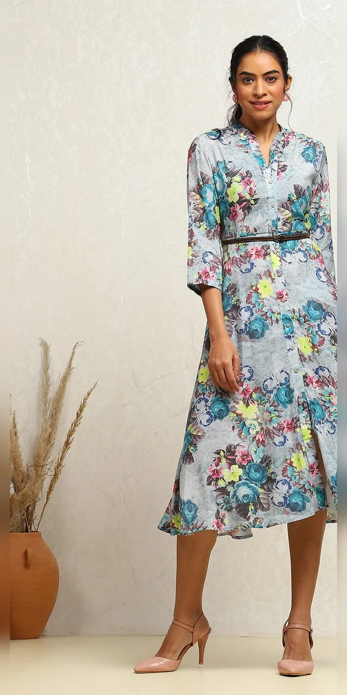 Women Blue Floral Printed A-Line Dress