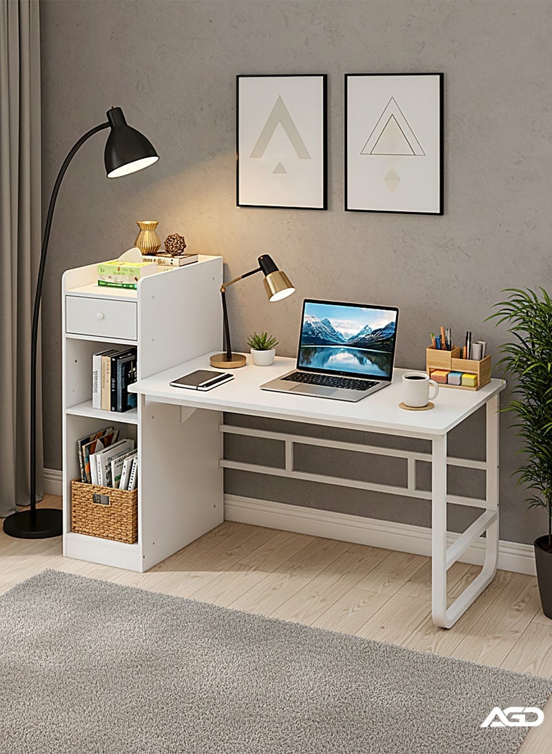 إيه جي دي طاولة دراسة بوحدة رفوف جانبية للكمبيوتر والدراسة والكتابة والألعاب مناسبة للمنزل بلون ابيض - Image 2
