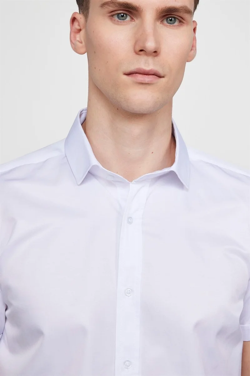 تودورس Slim Fit Short Sleeve Plain Cotton Tie Collar Men's White Shirt