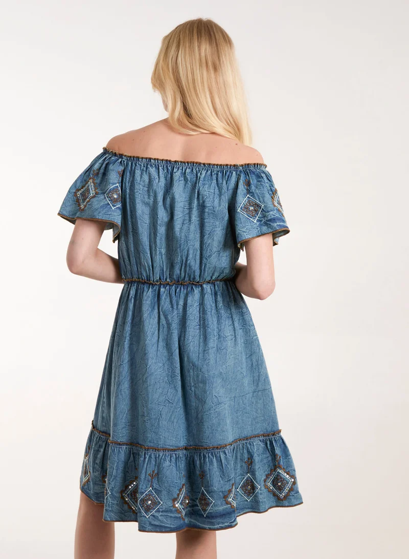 Blue Vanilla Denim Embroidered Tiered Dress