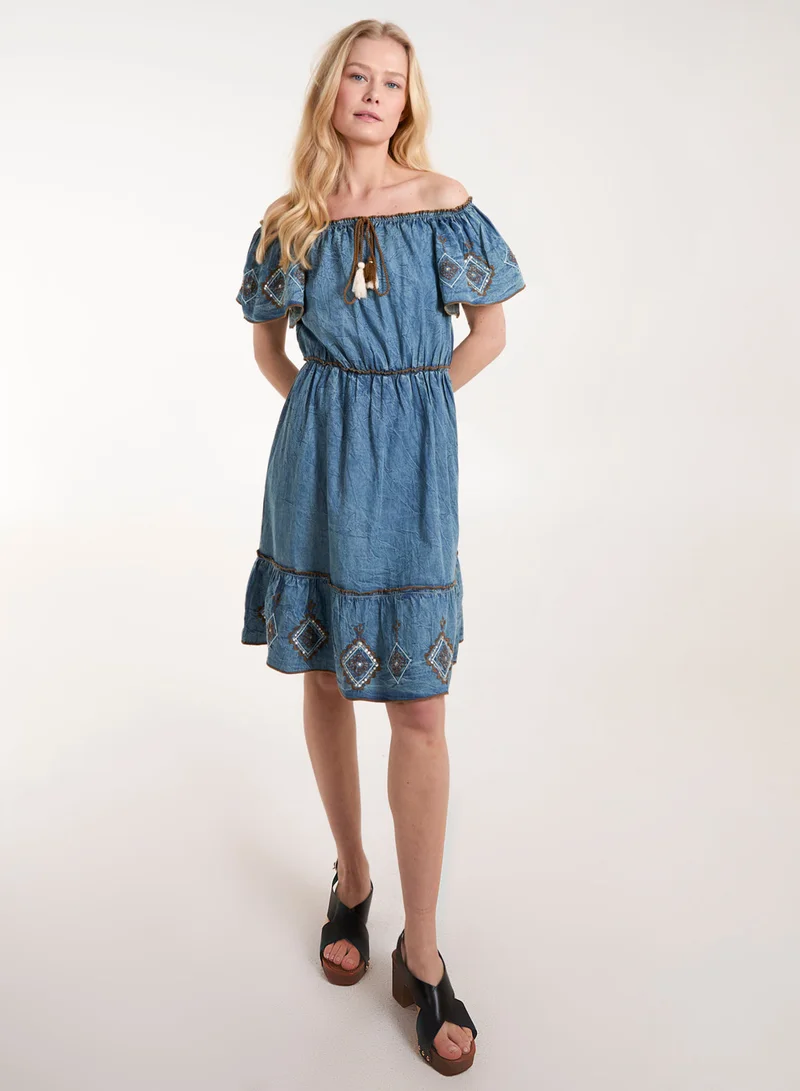 Blue Vanilla Denim Embroidered Tiered Dress
