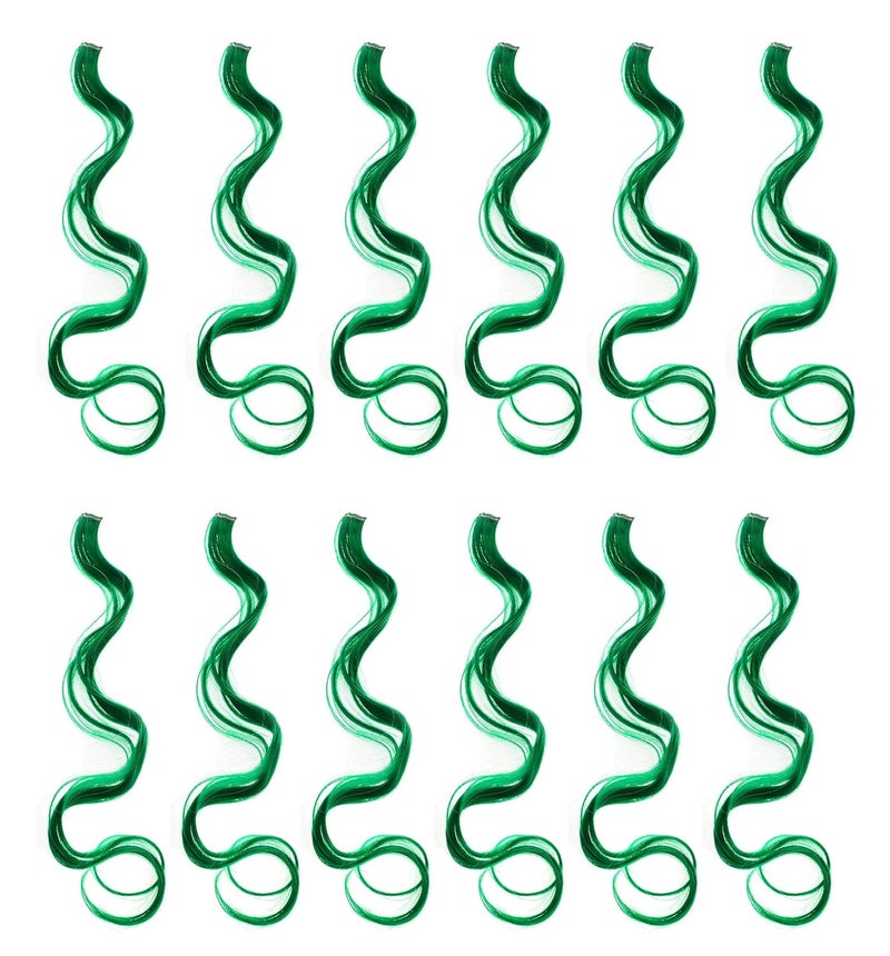SWACC 12 Pcs Curly Wavy One Color Party Highlights Clip on in Hair Extensions Colored Hair Streak Synthetic Hairpieces Green