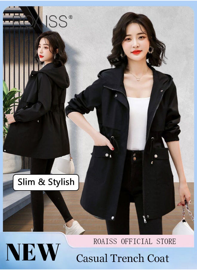 roaiss Women Mountain Hoodie Windbreaker Ladies Hooded Blouson Trench Long Coat Female Lined Slimming Coat Women Zip-In Windproof Lightweight Breathable Coat  - Image 1