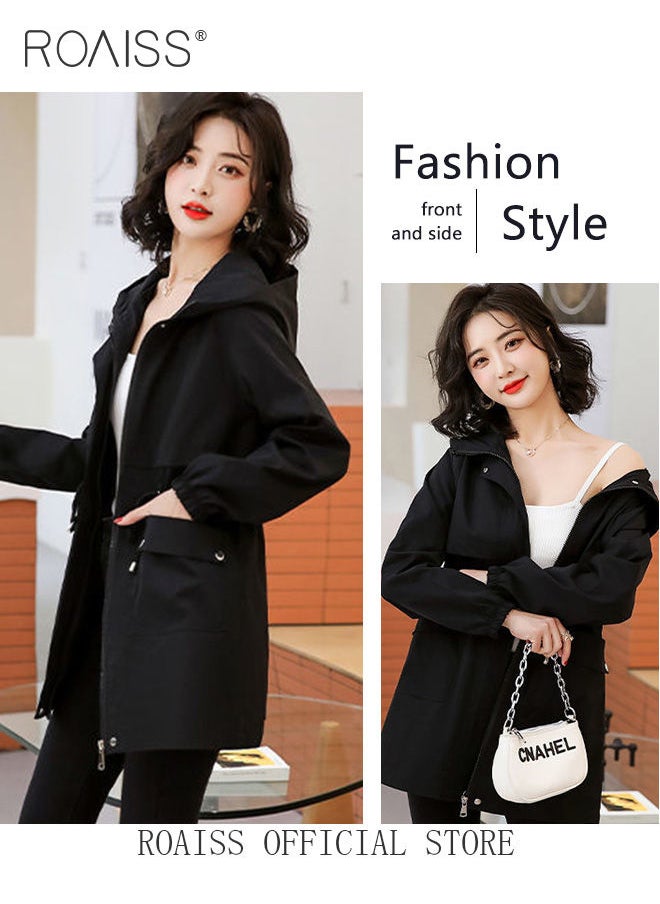 roaiss Women Mountain Hoodie Windbreaker Ladies Hooded Blouson Trench Long Coat Female Lined Slimming Coat Women Zip-In Windproof Lightweight Breathable Coat  - Image 4