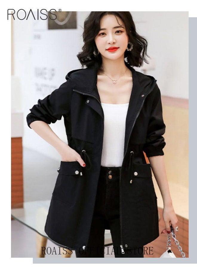 roaiss Women Mountain Hoodie Windbreaker Ladies Hooded Blouson Trench Long Coat Female Lined Slimming Coat Women Zip-In Windproof Lightweight Breathable Coat  - Image 3