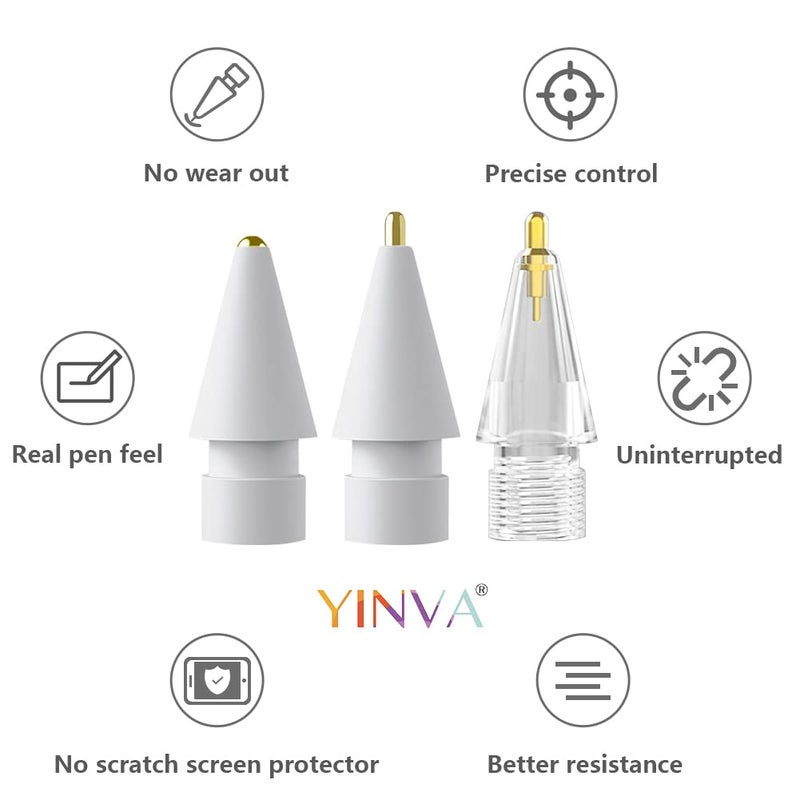 YINVA 3 Pack Pencil Tips for Apple Pencil Tip, 3 Styles Fine Point Metal Apple Pencil 2nd Generation Tips, Replacement iPad Pen Tips for Apple Pencil 1st Generation Nibs(White, Clear) - Image 2