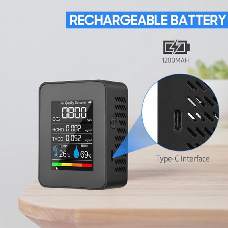 Formaldehyde Detector TVOC Sensor CO2 PM2.5 Temperature Humidity Air Quality Tester 5 in 1 Black - Image 3