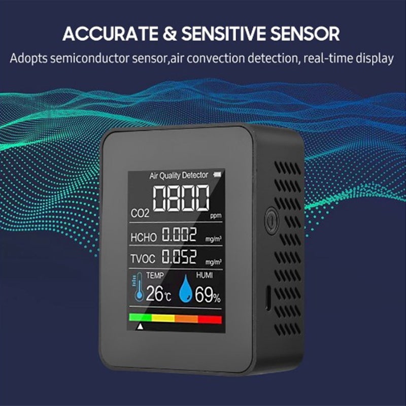 Formaldehyde Detector TVOC Sensor CO2 PM2.5 Temperature Humidity Air Quality Tester 5 in 1 Black - Image 5