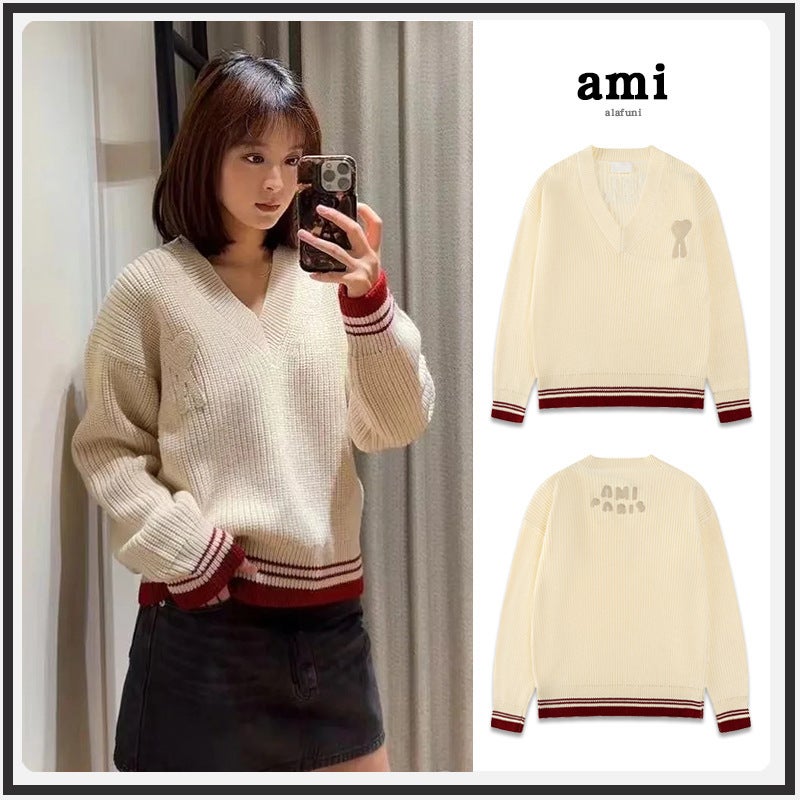 Ami Knitted Sweater Cardigan 25Ss Style Round Neck Contrasting Color Wool New Color V-Neck Vest Jacket For Outer Wear - Image 3